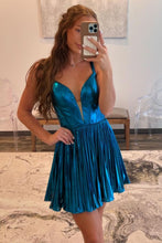 Load image into Gallery viewer, Dark Blue A-Line Straps Open Back Short Metallic Homecoming Dress