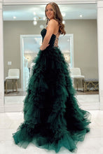 Load image into Gallery viewer, Dark Green A-Line Spaghetti Straps Long Tulle Prom Dress with High Slit