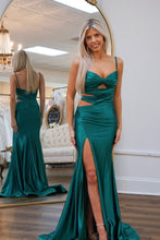 Load image into Gallery viewer, Dark Green Mermaid Spaghetti Straps Cutout Waist Long Satin Prom Dress