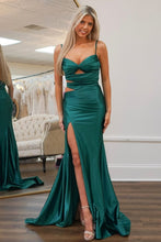 Load image into Gallery viewer, Dark Green Mermaid Spaghetti Straps Cutout Waist Long Satin Prom Dress