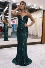 Load image into Gallery viewer, Glitter Sequin Dark Green Mermaid Spaghetti Straps Long Prom Dress