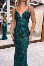 Load image into Gallery viewer, Glitter Sequin Dark Green Mermaid Spaghetti Straps Long Prom Dress