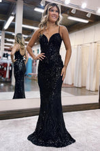 Load image into Gallery viewer, Glitter Sequin Dark Green Mermaid Spaghetti Straps Long Prom Dress