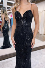 Load image into Gallery viewer, Glitter Sequin Dark Green Mermaid Spaghetti Straps Long Prom Dress