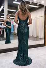 Load image into Gallery viewer, Glitter Sequin Dark Green Mermaid Spaghetti Straps Long Prom Dress