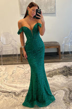 Load image into Gallery viewer, Dark Green Sequin Off The Shoulder Mermaid Sweep Train Prom Dress