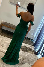 Load image into Gallery viewer, Dark Green Sequin Off The Shoulder Mermaid Sweep Train Prom Dress