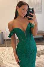 Load image into Gallery viewer, Dark Green Sequin Off The Shoulder Mermaid Sweep Train Prom Dress