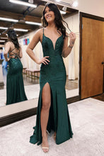 Load image into Gallery viewer, Beaded Dark Green Mermaid Spaghetti Straps Long Prom Dress With Slit