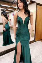 Load image into Gallery viewer, Beaded Dark Green Mermaid Spaghetti Straps Long Prom Dress With Slit
