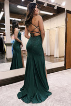 Load image into Gallery viewer, Beaded Dark Green Mermaid Spaghetti Straps Long Prom Dress With Slit