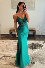 Load image into Gallery viewer, Satin Dark Green Spaghetti Straps Mermaid Open Back Prom Dress With Beading
