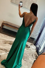 Load image into Gallery viewer, Satin Dark Green Spaghetti Straps Mermaid Open Back Prom Dress With Beading