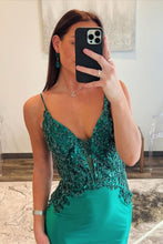 Load image into Gallery viewer, Satin Dark Green Spaghetti Straps Mermaid Open Back Prom Dress With Beading