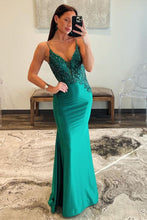 Load image into Gallery viewer, Satin Dark Green Spaghetti Straps Mermaid Open Back Prom Dress With Beading