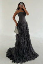 Load image into Gallery viewer, Dark Grey Mermaid Strapless Lace Up Long Ruffle Tulle Formal Party Dress