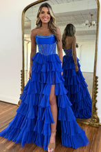 Load image into Gallery viewer, Gorgeous Royal Blue A-Line Sparkly Long Layered Chiffon Prom Dress With Slit