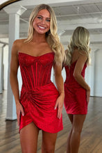 Load image into Gallery viewer, Dazzling Sheath Strapless Gold Corset Homecoming Dress with Beading