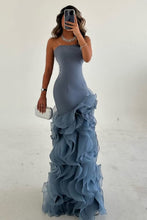 Load image into Gallery viewer, Dusty Blue Mermaid Strapless Lace Up Long Tulle Prom Dress with Ruffle