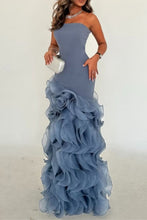 Load image into Gallery viewer, Dusty Blue Mermaid Strapless Lace Up Long Tulle Prom Dress with Ruffle