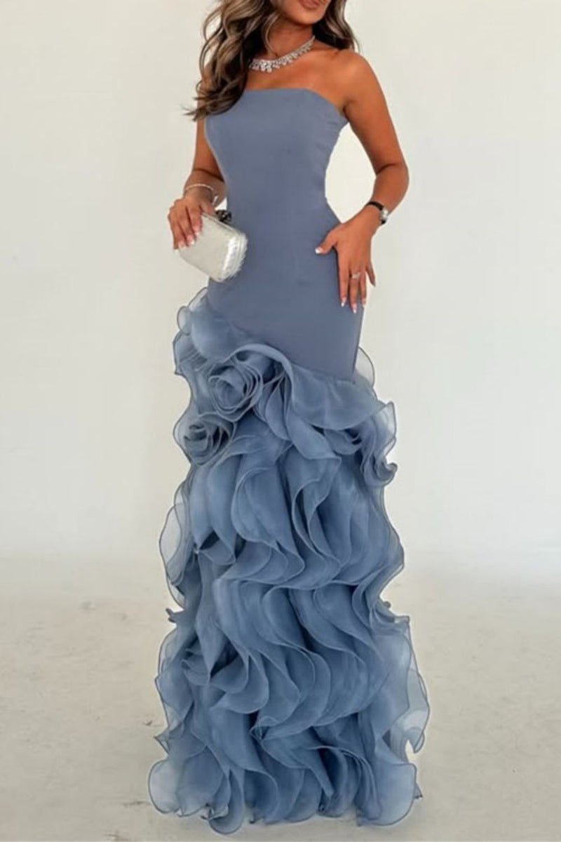 Elegant  Haze Blue Mermaid Strapless Lace Tulle Train Prom Dress Evening Dress cc5245 main image 1