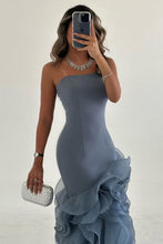 Load image into Gallery viewer, Dusty Blue Mermaid Strapless Lace Up Long Tulle Prom Dress with Ruffle