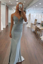 Load image into Gallery viewer, Dusty Green Mermaid Spaghetti Straps Lace Up Long Glitter Prom Dress