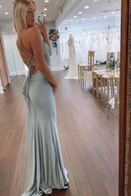 Load image into Gallery viewer, Dusty Green Mermaid Spaghetti Straps Lace Up Long Glitter Prom Dress