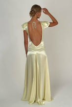 Load image into Gallery viewer, Charming A Line Deep V Neck Light Yellow Long Prom Dress with Open Back