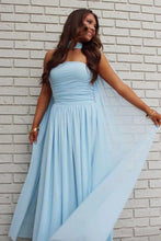 Load image into Gallery viewer, Elegant A Line Strapless Light Blue Long Prom Dress with Scarf