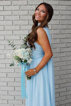 Load image into Gallery viewer, Elegant A Line Strapless Light Blue Long Prom Dress with Scarf