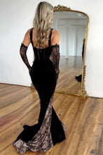 Load image into Gallery viewer, Elegant Black Mermaid Straps Long Sweep Train Velvet and Lace Prom Dress