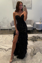 Load image into Gallery viewer, Gorgeous Mermaid Sweetheart Black Long Prom Dress with Appliques Ruffles