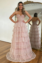 Load image into Gallery viewer, Gorgeous A Line Sweetheart Blush Pink Lace Up Tiered Tulle Prom Dress with Sparkle