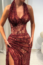 Load image into Gallery viewer, Hot Burgundy Sequin Lace Halter Prom Dress with Fitted Silhouette and Illusion Bodice