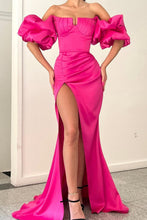 Load image into Gallery viewer, Elegant Hot Pink Mermaid Puff Sleeves Long Satin Formal Dress with Slit