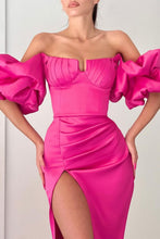 Load image into Gallery viewer, Elegant Hot Pink Mermaid Puff Sleeves Long Satin Formal Dress with Slit