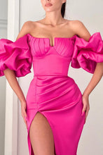 Load image into Gallery viewer, Elegant Hot Pink Mermaid Puff Sleeves Long Satin Formal Dress with Slit