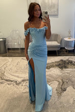Load image into Gallery viewer, Chic Mermaid Off the Shoulder Blue Corset Prom Dress with 3D Flowers