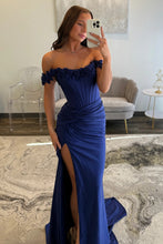 Load image into Gallery viewer, Chic Mermaid Off the Shoulder Blue Corset Prom Dress with 3D Flowers