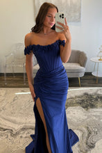 Load image into Gallery viewer, Chic Mermaid Off the Shoulder Blue Corset Prom Dress with 3D Flowers