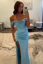 Load image into Gallery viewer, Chic Mermaid Off the Shoulder Blue Corset Prom Dress with 3D Flowers