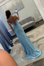 Load image into Gallery viewer, Chic Mermaid Off the Shoulder Blue Corset Prom Dress with 3D Flowers