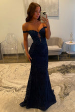 Load image into Gallery viewer, Stunning Mermaid Off the Shoulder Navy Long Prom Dress with Appliques Beading