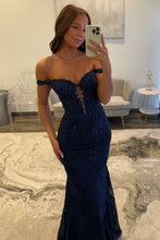 Load image into Gallery viewer, Stunning Mermaid Off the Shoulder Navy Long Prom Dress with Appliques Beading