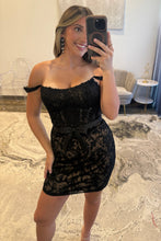 Load image into Gallery viewer, Elegant Off-Shoulder Lace Bodycon Homecoming Dress with Bow Waist