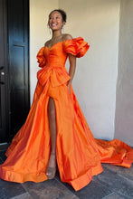Load image into Gallery viewer, Elegant Orange A-Line Off The Shoulder Long Satin Prom Dress with Bowknot
