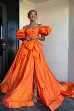 Load image into Gallery viewer, Elegant Orange A-Line Off The Shoulder Long Satin Prom Dress with Bowknot