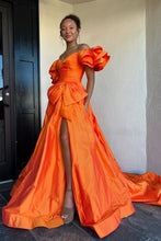 Load image into Gallery viewer, Elegant Orange A-Line Off The Shoulder Long Satin Prom Dress with Bowknot