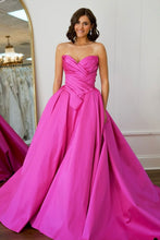 Load image into Gallery viewer, Elegant Pink A-Line Strapless Long Court Train Satin Prom Dress
